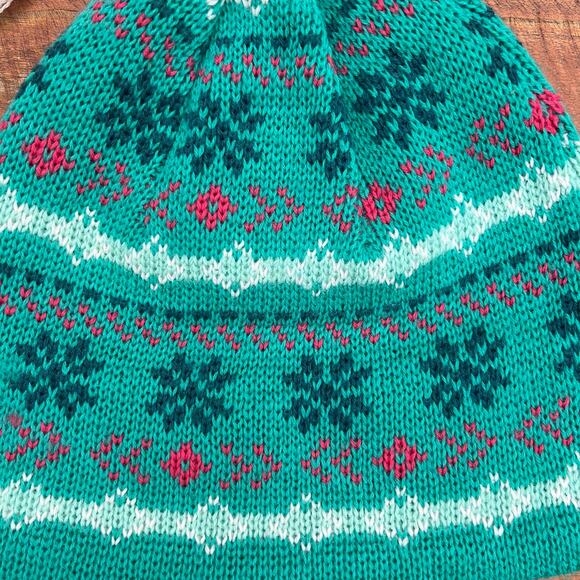 Vintage Fair Isle Wool Beanie USA Made Ski Hat Green Fleece Lined Tassel Knit - Picture 5 of 10
